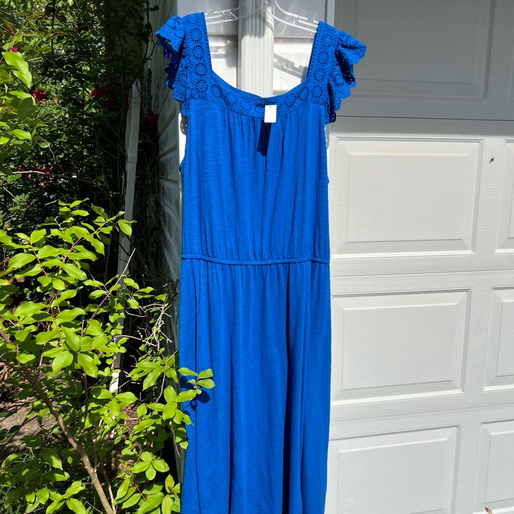 NWT Talbots Pretty Royal Blue Eyelet Lace Square Neck & Sleeves MIDI Dress